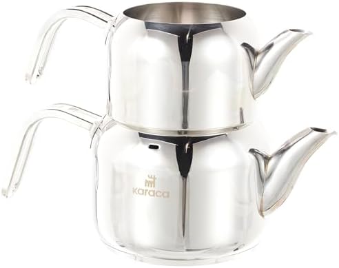 Karaca Manes Mini Turkish Teapot Set - Stainless Steel Teapot with Lid - (Turkish Tea Pot 0,85 Liters & Water Tank 1,25 Liters) - Non-Burning Bakelite Handles Midi Tea Maker & Induction Kettle
