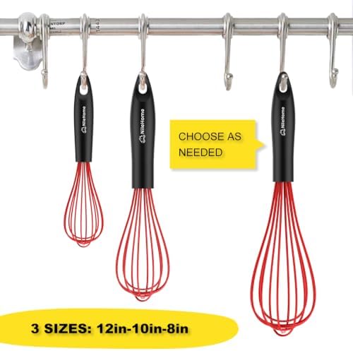 NileHome Silicone Whisk Set 8" 10" 12" Kitchen Whisk Red,3-pack