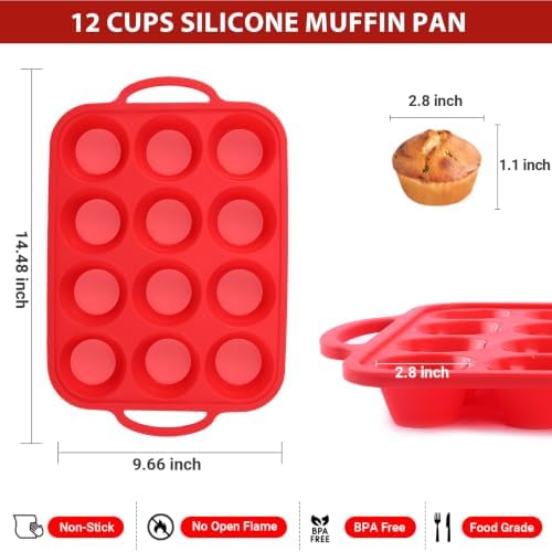 Redfly Silicone Muffin Pans for Baking 12 Cup with Metal Reinforced Frame, Nonstick 2Pack Regular Size Cupcake Pan, BPA Free Food Grade, Easy Release, Dishwasher Oven Freezer Safe for Egg Bite Molds