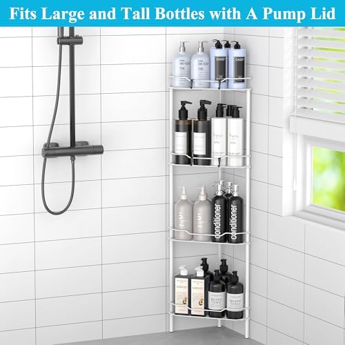 HuggieGems Metal Floor Standing Corner Shower Caddy, White, 4 Tier