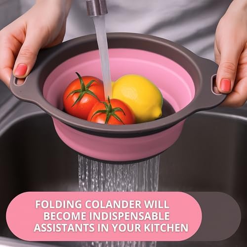 Pink Round Silicone Colander Collapsible – Foldable Kitchen Strainer Small Collapsible Colander Pink with Plastic Handles for Draining Vegetable and Fruit Round Silicone Kitchen Strainer for Pasta