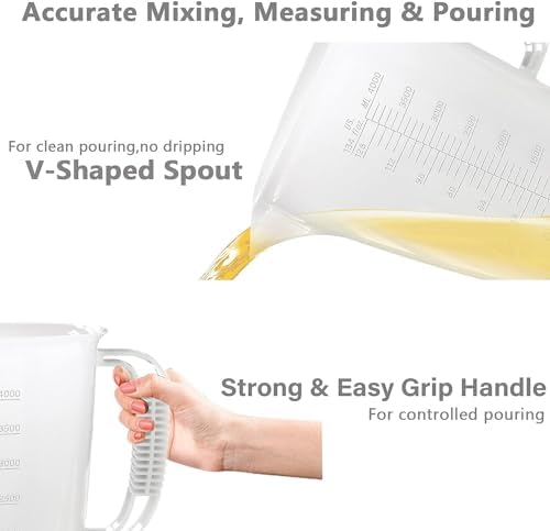 1 Gallon Measuring Pitcher-Convenient Conversion Chart,134oz Extra Large Plastic Measuring Cup-Strong Food Grade Material,Graduated Mixing Pitcher Great for Lawn,Pool Chemicals, Motor Oil and Fluids