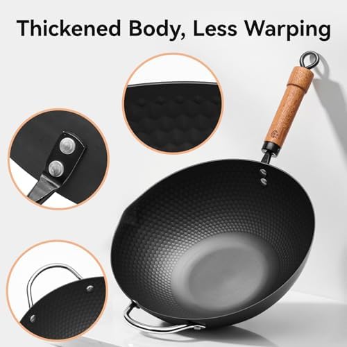 WANGYUANJI Carbon Steel Wok Pan, 12.6 Inch Flat Bottom Stir Fry Pan with Lid, Uncoated Heavy Duty Iron Wok for Induction and Gas Stoves