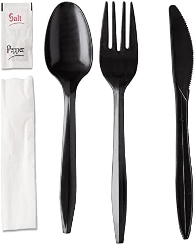 250 Plastic Cutlery Packets - Knife Fork Spoon Napkin Salt Pepper Sets | Black Plastic Silverware Sets Individually Wrapped Cutlery Kits, Bulk Utensil Cutlery Set Disposable To Go Silverware