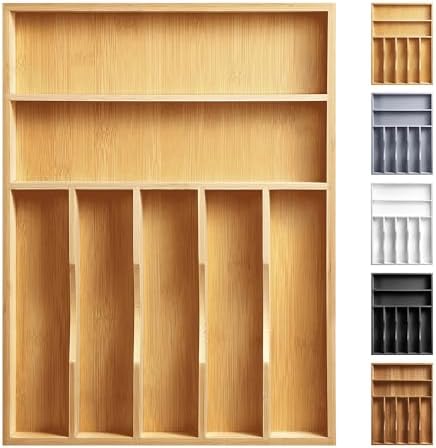 Kitchen Bamboo Silverware Organizer, Kitchen Drawer Organizer - Utensil Holder and Cutlery Tray with Grooved Drawer Dividers for Flatware 7 Slot, Natural