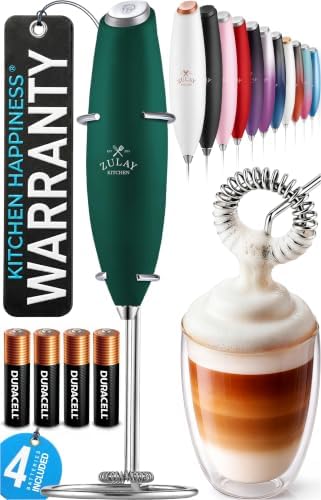 Zulay Kitchen Powerful Milk Frother Wand With Duracell Batteries - Ultra Fast Handheld Drink Mixer - Electric Whisk Foam Maker for Coffee, Lattes, Cappuccino & Matcha - Z1 Motor - Dark Green