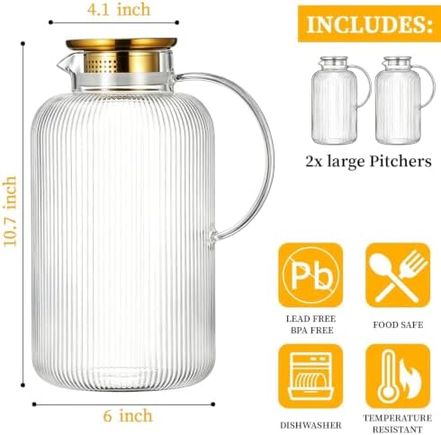 Buaic Glass Pitcher with Lid,128 oz Classic Vertical Stripes Water Pitcher