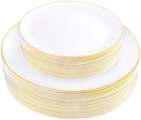 KIRE 60PCS Gold Plastic Plates - Heavy Duty White Disposable Plates with Gold Rim - Include 30Pieces 10.25inch Dinner Plate and 30Pcs 7.5inch Dessert Plate for Wedding/Party/Halloween/Thanksgiving