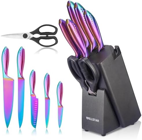 WELLSTAR Rainbow Knife Set 8 Pieces, Iridescent German Stainless Steel Kitchen Knives Set with Wooden Block, Colorful Titanium Coating, Chef’s Knife Block Set with Scissors and Built-in Sharpener