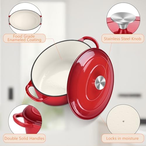 TeamFar 7QT Oval Dutch Oven, Enameled Cast Iron Dutch Oven Pot with Lid
