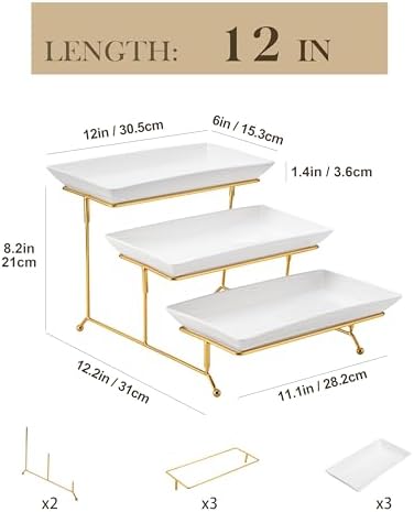 MALACASA 3 Tier Serving Trays for Party, 12 Inch Porcelain White Trays for Serving Food, Dessert Stand with Collapsible Gold Metal Rack