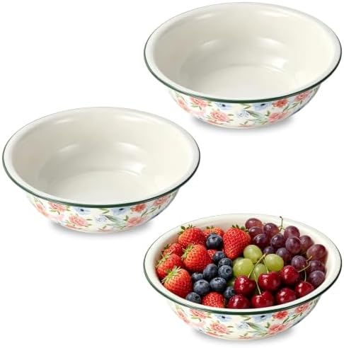 3 Pack Vintage Enamel Mixing Bowl, 11.8 Inch Large Farmhouse Retro Enamelware Basin 3.6 Quart Enamel Bowl Serving Tray for Fruit Salad Pasta Dough Making Camping Kitchen Farmhouse Decor