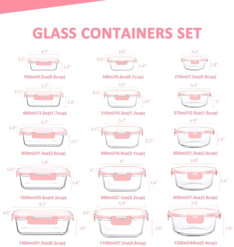 KOMUEE 30 Pieces Glass Food Storage Containers Set, Pink
