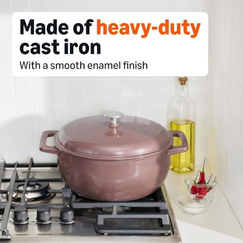 Amazon Basics Cast Iron Dutch Oven Pot with Lid, Enameled, Dual Handles, Heavy-Duty, Small, 4.3-Quart, Clay