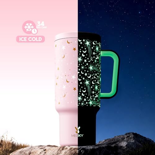 Meoky 40 oz Tumbler with Handle and Straw: Glow in the Dark Tumbler with Lid and Straw - Stainless Steel Insulated Tumbler for Car Cup Holders - Travelers Commuters Workers (1 Pack, Starry Sky)
