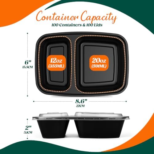 Glotoch 100 Pack(200-Piece)32oz 2-Compartment Meal Prep Containers with Lid