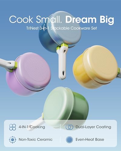 Ceramic Non Stick Sauce Pan, 2.5QT Saucepan with Frying Pan as Lid, Steamer Pot for Cooking, Induction Cookware Set, PTFE, PFOA & PFAS Free, Drak Blue