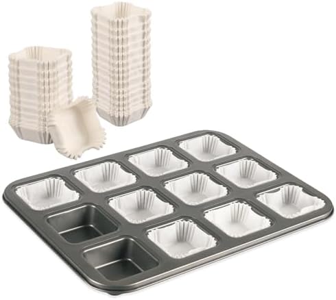 12 Cavity Brownie Pan with Dividers, Non Stick Square Carbon Steel Muffin Baking Bakeware with 300 PCS Parchment Liners, Dark Gray