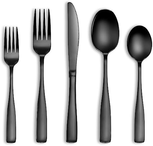40 Pcs Black Silverware Set, Stainless Steel Flatware Set for 8, Food-Grade Cutlery Set, Mirror Polished Tableware Eating Utensils Set for Home Kitchen, Include Knife Fork Spoon Set, Dishwasher Safe