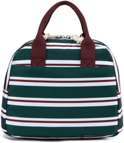 LOVELYWIND Lunch Box for Women, Insulated Lunch Bag, Green Striped Tote