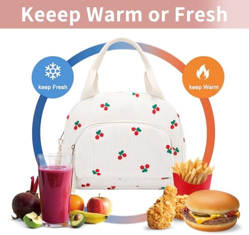 Lunch Bag Women Lunch Box for Women Adult Cute Insulated Lunch Bag Small Cooler Lunch Tote Bags for Work Picnic Travel (Beige-Cherry)