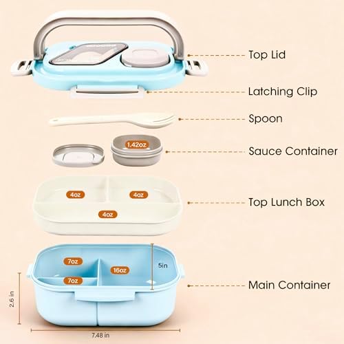 PEDECO Blue Bento Box with Bag, 2-Tier Stackable with Utensils & Sauce Box