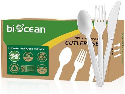 450 Counts Compostable Forks Spoons Knives Set Disposable Forks Utensils Heavy Duty Silverware Eco Friendly Flatware for Party Camping Picnics White forks spoons and knives set