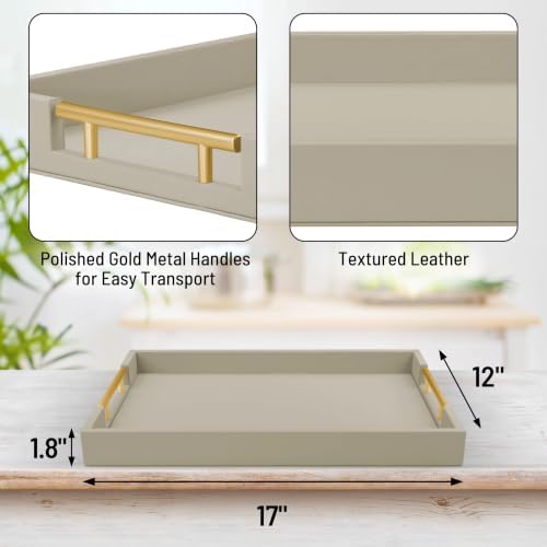 ATZYmolin 17"x12" Leather Serving Tray, Gold Handle Vanity Platter, Grey