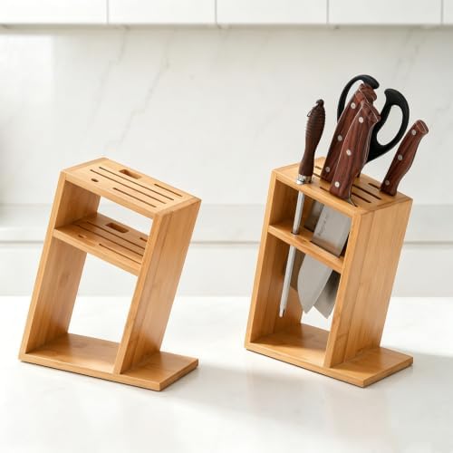 6 Slots Slantend Knife Organizer, Wood Knife Stand Block for Countertop