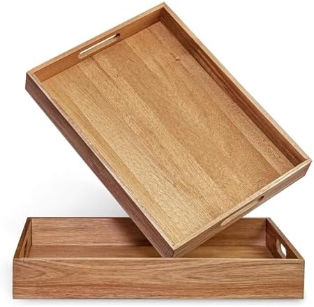 Acacia Wood Serving Tray with Handles Set of 2 – Decorative Serving Trays Platter for Breakfast in Bed, Lunch, Dinner, Patio, Ottoman, Coffee Table, BBQ, Party –Great for Lap &Couch