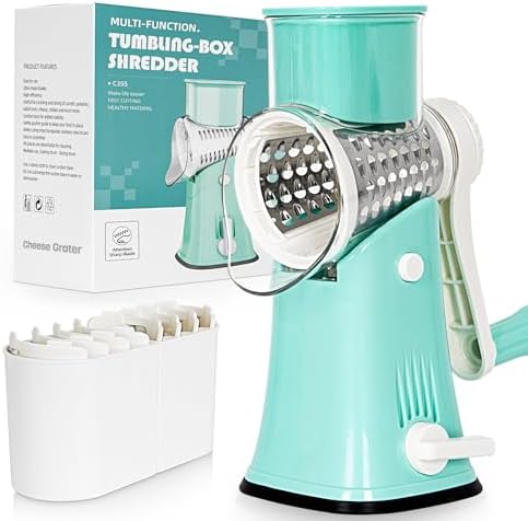 5-in-1 Rotary Cheese Grater Hand Crank, Vegetable Slicer Shredder with 5 Interchangeable Blades, Graters for Kitchen, Safe Kitchen Tool for Cheese, Nuts, Chocolate, Blue