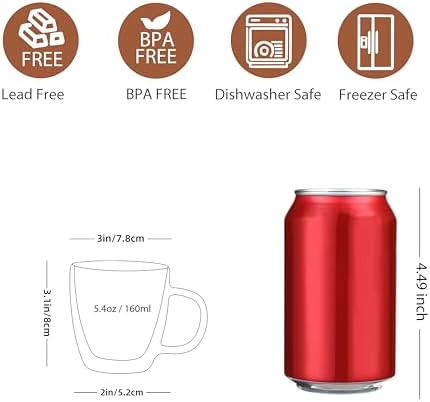 CNGLASS Insulated Espresso Glass Mugs 5.4oz/160ml, Small Clear Coffee Mugs Set of 2, Double Wall Glass Cups with Handle for Tea and Macchiato