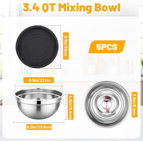Beasea Mixing Bowls Set of 5, 3.4 QT Unbreakable Stainless Steel Mixing Bowls with Lids for Kitchen, Prepping, Food Serving, Storing, Nesting Metal Baking Bowl with Lid for Bread Dough, Cream, Batter