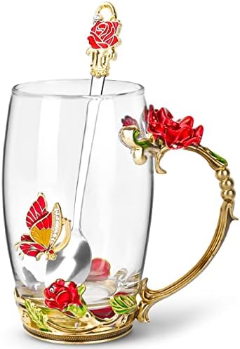 OEAGO Gifts for Women Mom Mothers Tea Cup Best Birthday Butterfly Rose Gifts for Her from Daughter Son Glass Coffee Christmas Enamels Mug Lead-Free with Spoon Set