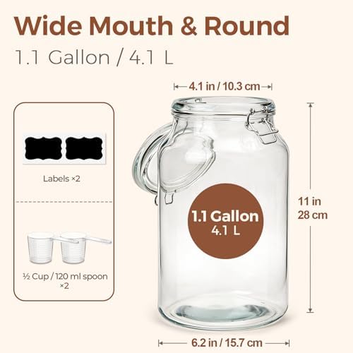 ComSaf Large Glass Jars with Airtight Lids 1.1 Gallon 2 Pack Wide Mouth