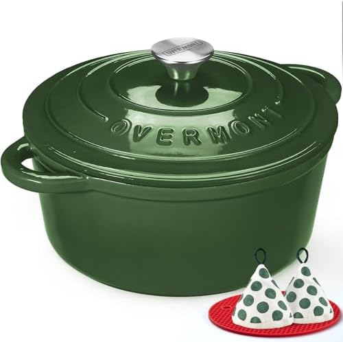 Overmont Enameled Cast Iron Dutch Oven - 4.5QT Pot with Lid Cookbook & Cotton Potholders - Heavy-Duty Cookware for Braising, Stews, Roasting, Bread Baking GlossyGreen