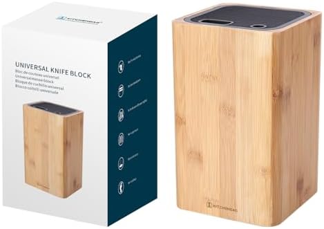 Deluxe Universal Knife Block with Slots for Scissors and Sharpening Rod - Bamboo Knife Holder For Safe, Space Saver Knives Storage - Unique Slot Design to Protect Blades - by KITCHENDAO