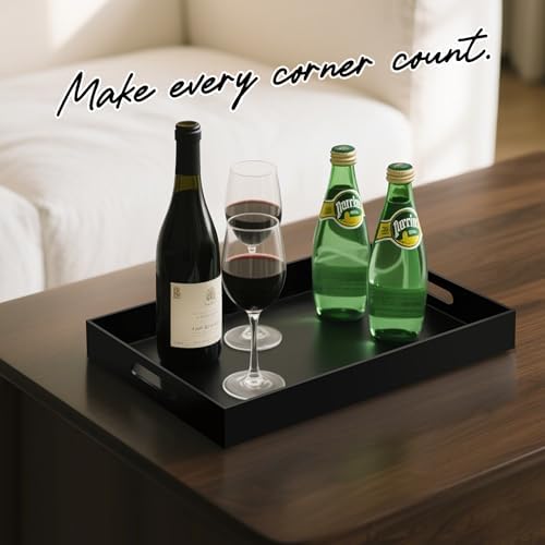 Glossy Black Acrylic Serving Tray with Handles-Butler Trays for Coffee Table, Snacks,Breakfast in Bed, Kitchen Countertop,Vanity,Makeup Organizer,Ottoman (Black, 12x20 Inches)