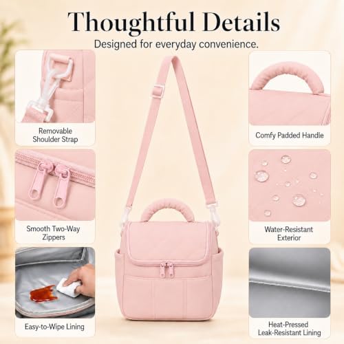 Lunch Bag for Women Insulated Pink Lunch Box Quilted Puffer Lunch Tote