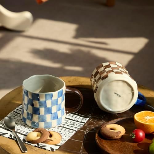 Retro Checkered Ceramic Coffee Mug 16Oz - Extra Large Handle, Microwave Safe Vintage Patterned Tea Cup for Home-2pack