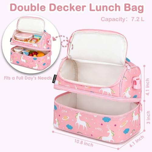 FlowFly Kids Double Decker Cooler Insulated Lunch Bag Large Tote for Boys, Girls, Men, Women, With Adjustable Strap, Unicorn