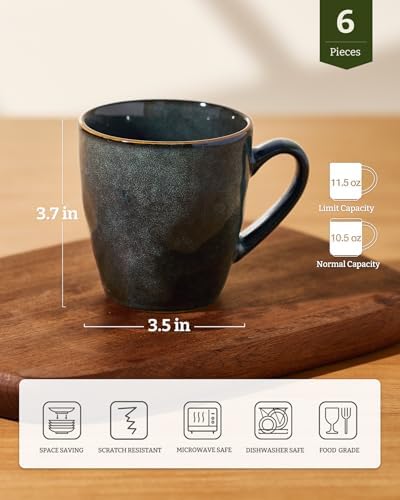 famiware Coffee Mug Set of 6, Ocean Round 11.5oz Coffee Cup Set with Handle