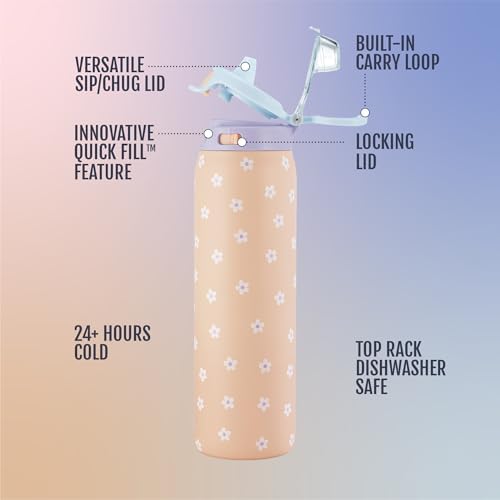 Ello Pop & Fill Insulated Stainless Steel Water Bottle with Quick Fill Lid, Leakproof Locking, Sip or Chug Spout, BPA-Free, Double Wall Vacuum Insulated for Sports, Travel & School- 22oz / 32oz / 40oz