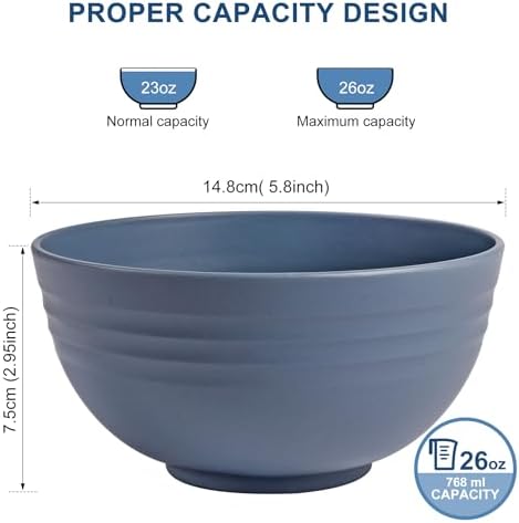 HOTEC 8-Pack 26oz BPA Free Wheat Straw Cereal Plastic Bowls, Classic Blue
