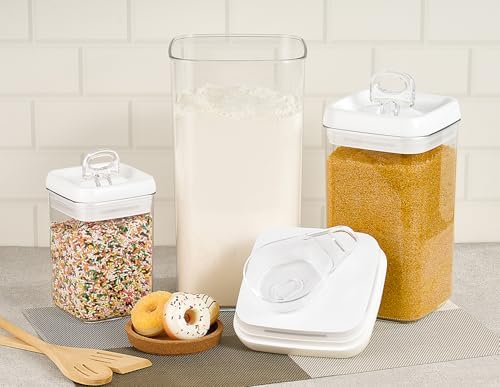 Felli Flip Tite Acrylic Food Storage Container with Lid 6” XL Air Tight Ring Seal Flip Top, Plastic Kitchen Baking Canister for 5 lb Flour Sugar Rice Protein Powder Pantry Organizer (Nest-M, White)