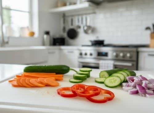 Thirteen Chefs 18x12 White Cutting Board with Groove, 1/2" Thick Plastic