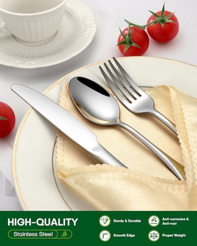 PHILIPALA 60 Piece Silverware Set, Stainless Steel Flatware Set for 12 Food Grade Novelty Flatware Cutlery Utensil Set Include Knife Fork Spoon Mirror Polished Dishwasher Safe