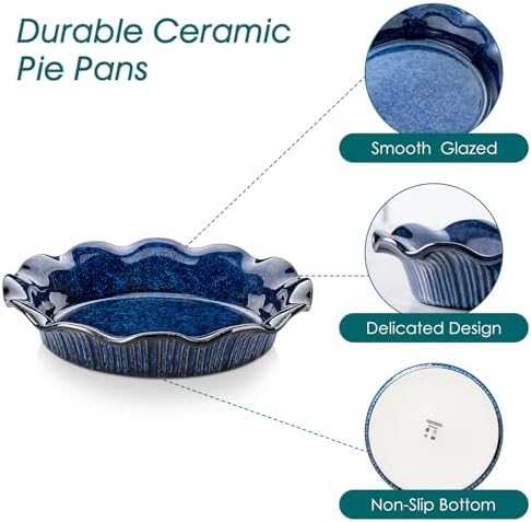 vancasso Ceramic Pie Pan for Baking, 9 inch Deep Pie Plates for Apple Pie, Pot Pie, Tart and Quiche, Reactive Glaze Fluted Pie Pans, Large Pie Dish with Ruffled Edge, Blue, STERN Series