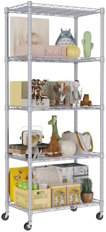 REGILLER 5-Wire Shelving Metal Storage Rack Adjustable Shelves,Standing Storage Shelf Units for Laundry Bathroom Kitchen Pantry Closet(Silver,11.8" D x 21.2" W x 55" H,With Wheels)
