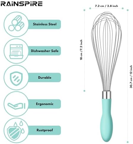 Rainspire 9" 10" 12" Wire Whisk Stainless Steel, Balloon Whisks for Cooking, Wisk Wisking Tool With Soft Silicone Handle, Thick Durable Whisker for Blending, Beating, Whisking, Stirring, Mint Green